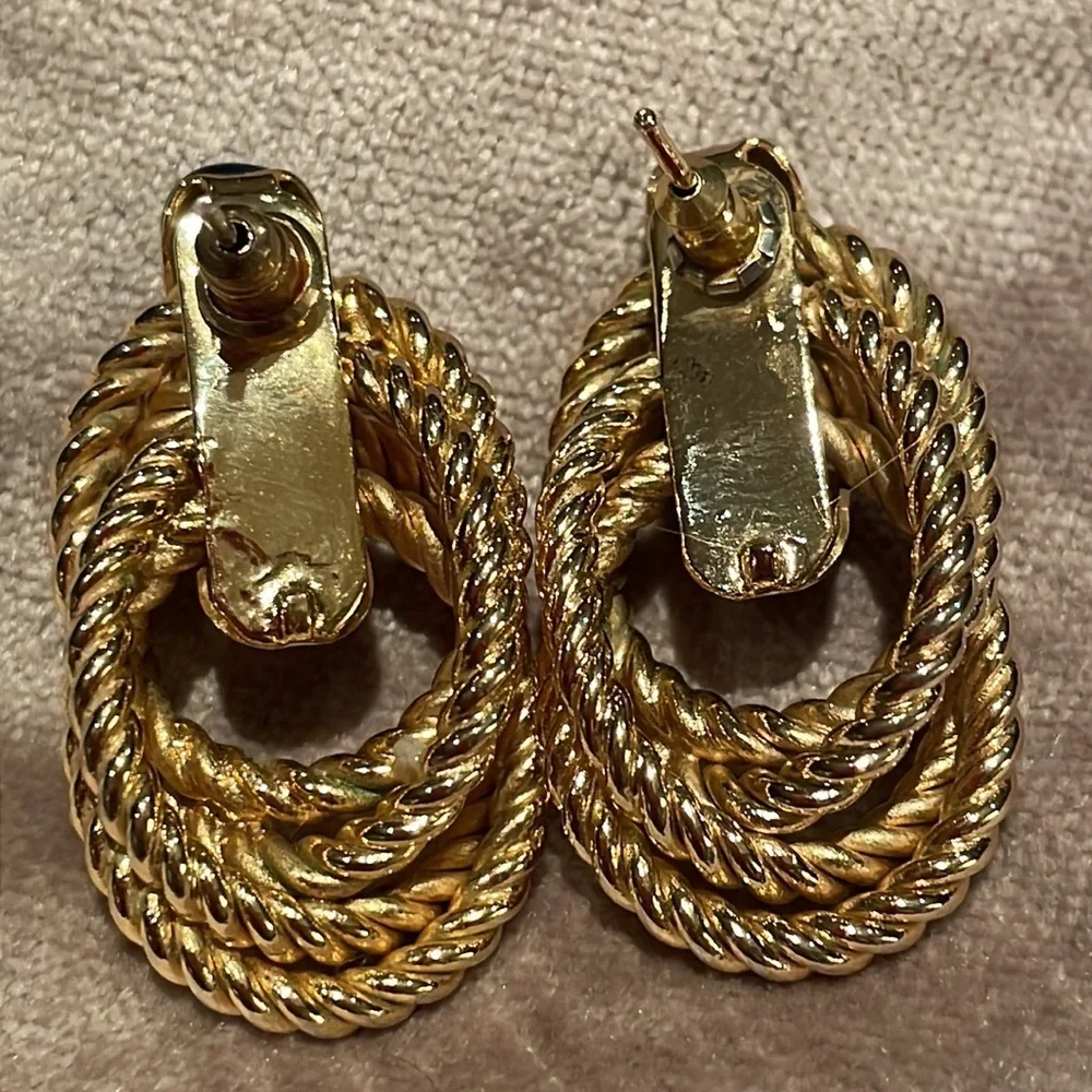 Vintage Gold Twist Earrings Rope Post Back Navy Enamel - Picture 4 of 7